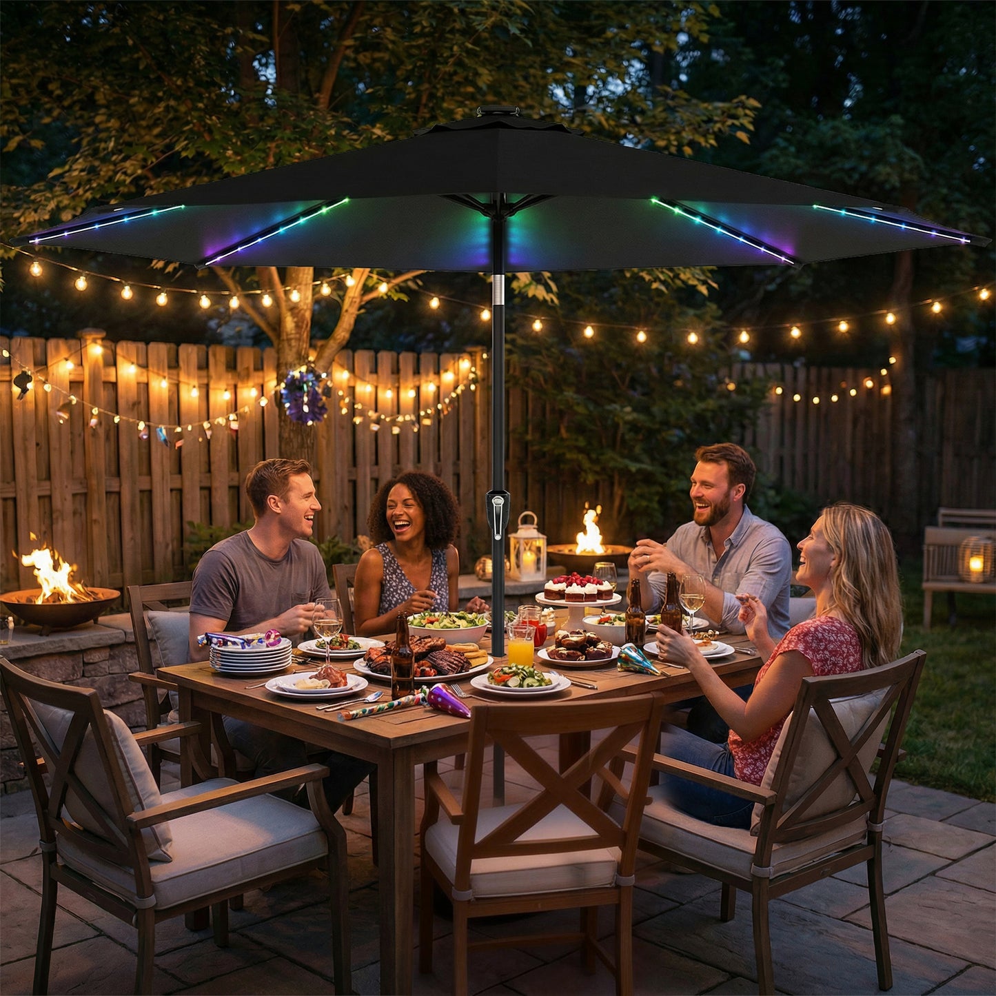 3 m Garden Parasol Umbrella with 112 Solar Powered LED Lights, Patio Umbrella with Crank Handle, Black