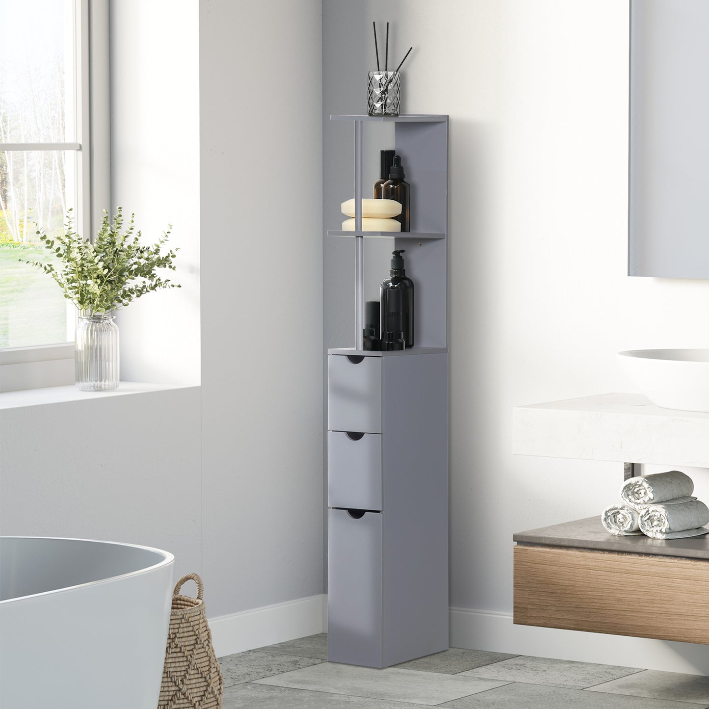 Tall Bathroom Cabinet, Freestanding Slim Bathroom Storage Cabinet with 2-Tier Open Shelf and 2 Drawers for Small Space