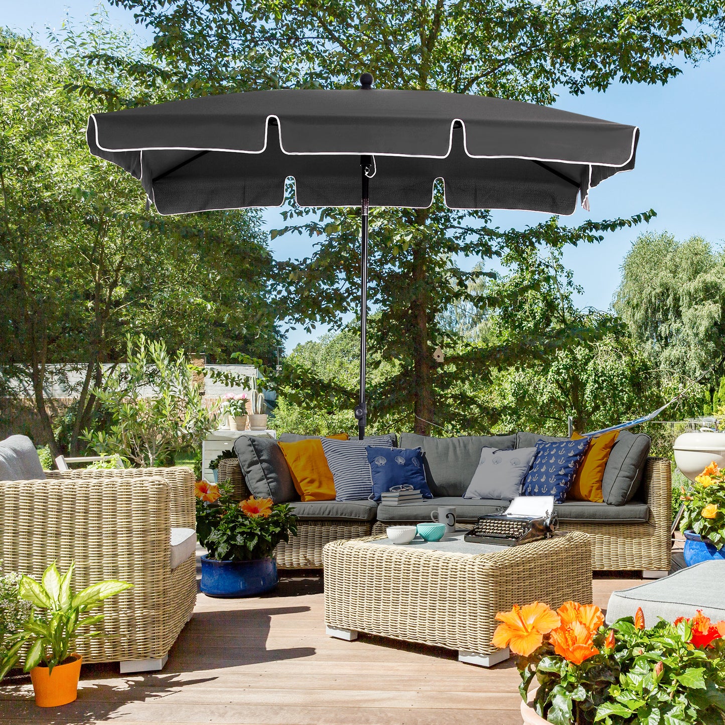 Garden Parasol Umbrella, Outdoor Market Table Umbrella with Ruffles & Aluminium Pole