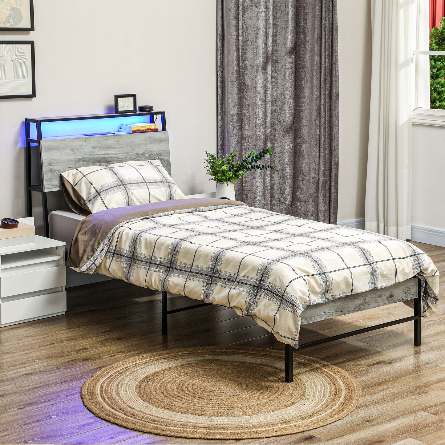 Single Steel Bed Frame, with LED Lights and Shelf - Grey