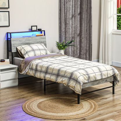 Single Steel Bed Frame, with LED Lights and Shelf - Grey