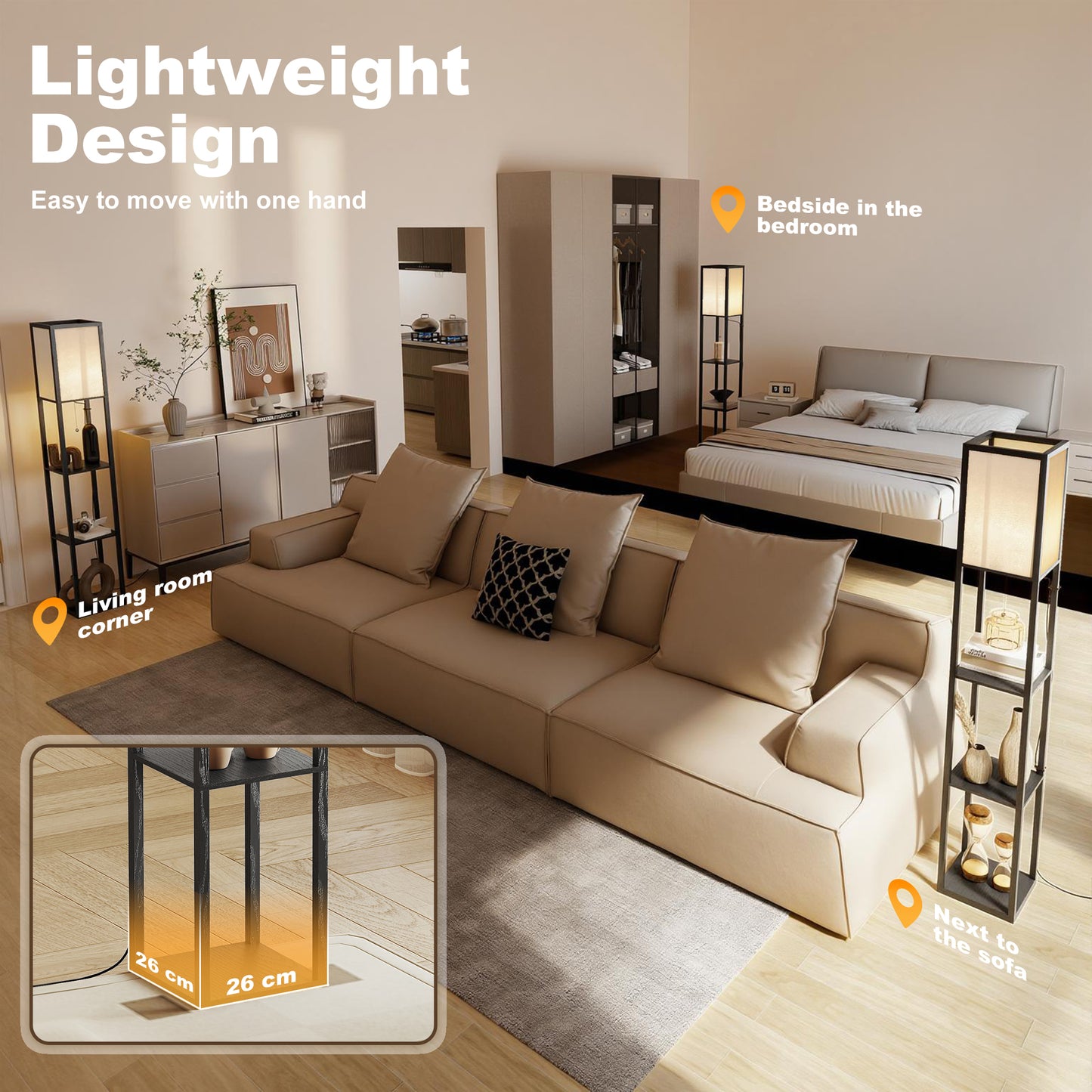 Floor Lamp with Shelves, 3 Layer Column Modern Standing Lamp for Living Room, Bedroom, Office, Bulb not Included, Black