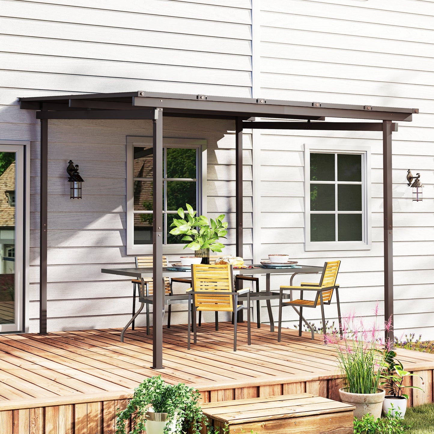 3 x 3(m) Garden Pergola with Waterproof Metal Roof, Lean to Pergola Hardtop Gazebo, Wind-resistant Outdoor Sun Shade