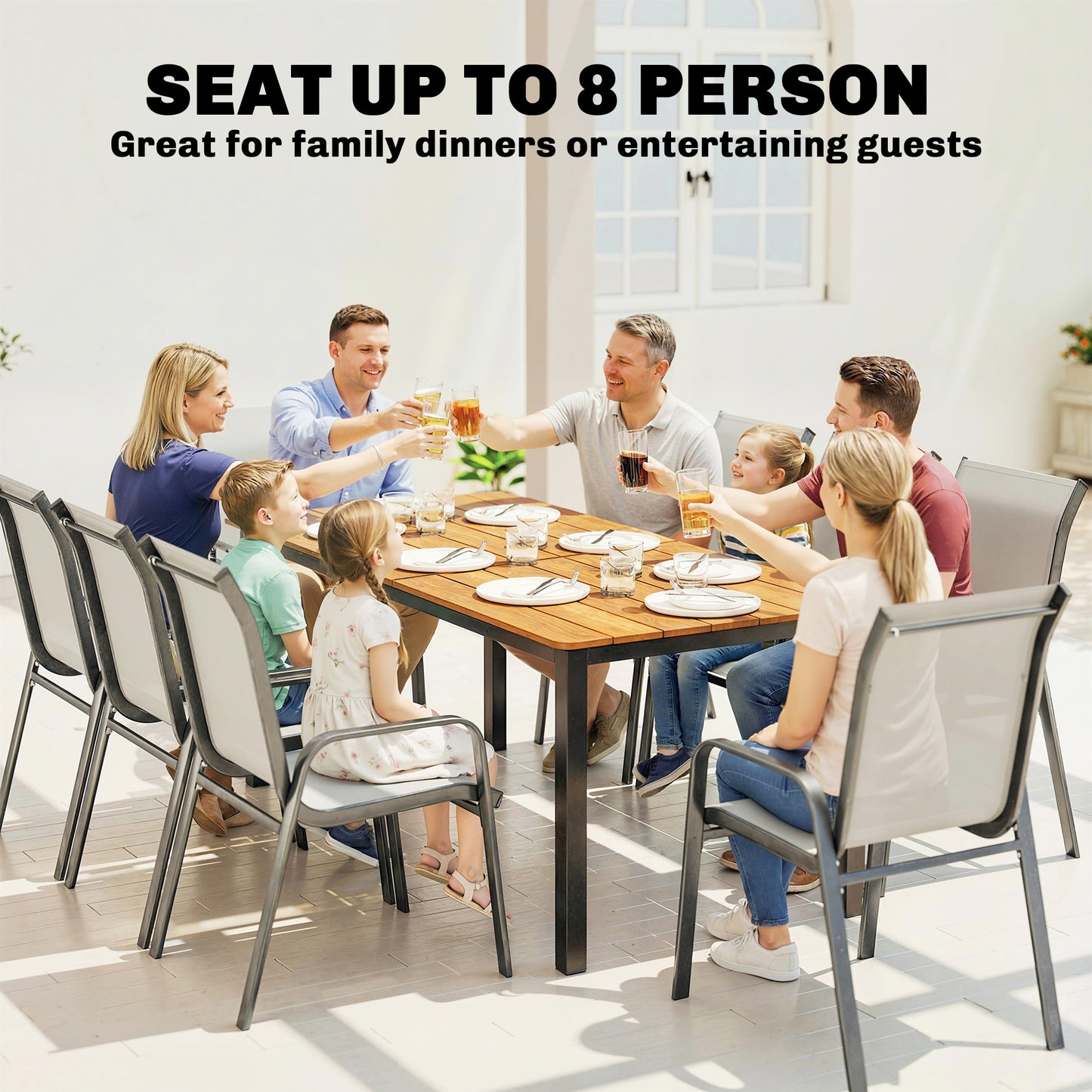 Garden Dining Table for 6-8 Person, 180 x 86 cm Rectangular Outdoor Dining Table with Wood Slatted Top, Teak