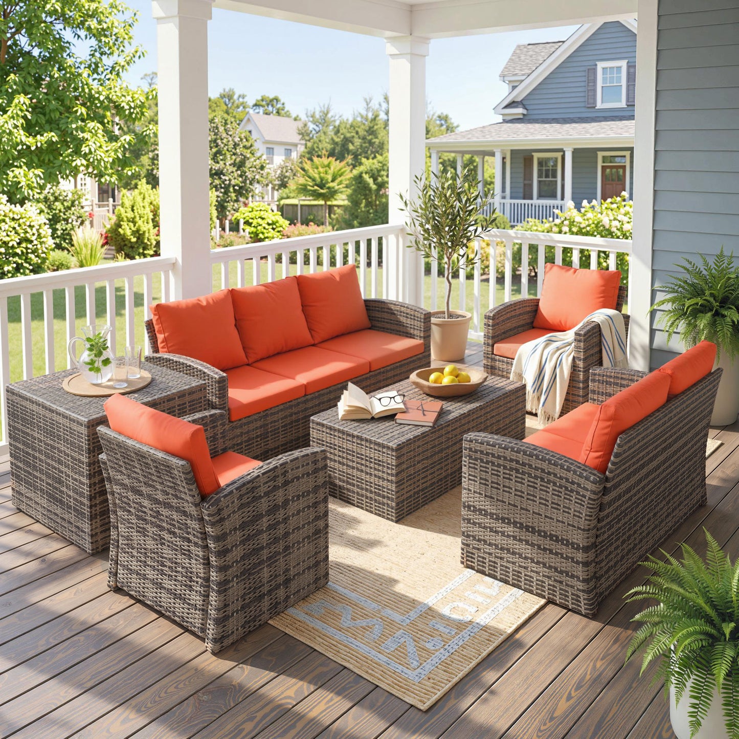 6 Pieces Rattan Garden Furniture Set, 7 Seater Wicker Outdoor Furniture Set with Storage Tea Table & Side Table