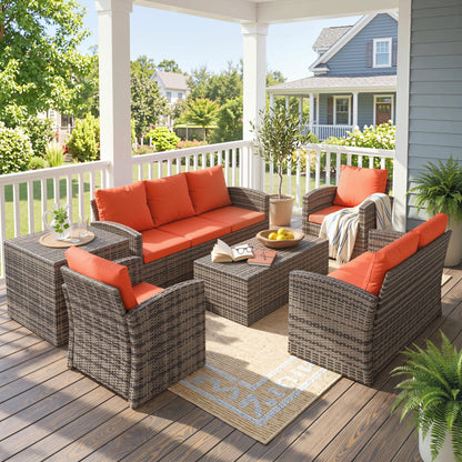 6 Pieces Rattan Garden Furniture Set, 7 Seater Wicker Outdoor Furniture Set with Storage Tea Table & Side Table