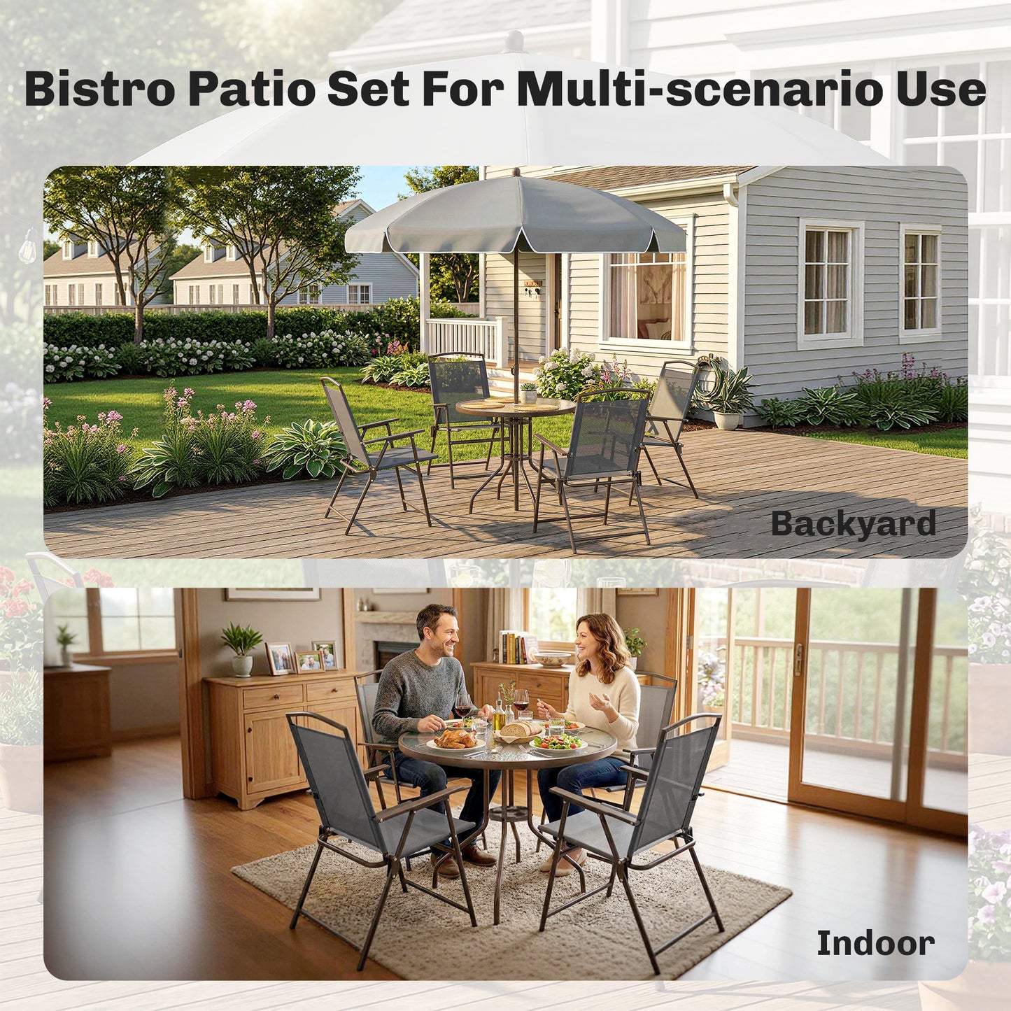 6 Piece Garden Dining Set with Umbrella, Patio Sets with Parasol, 4 Folding Dining Chairs, Dark Grey