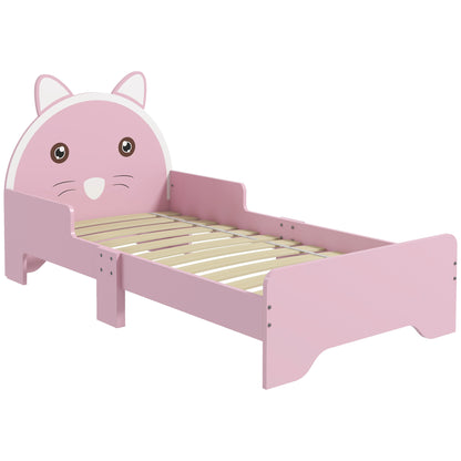 ZONEKIZ Bed for Kids Cat Design Toddler Bed Frame Bedroom Furniture with Guardrails, for 3-6 Years, 143L x 74W x 72Hcm - Pink