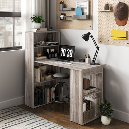 120cm Computer Desk, Wooden PC Laptop Table with 6-Tier Storage Bookshelves, Home Office Working Study Desk