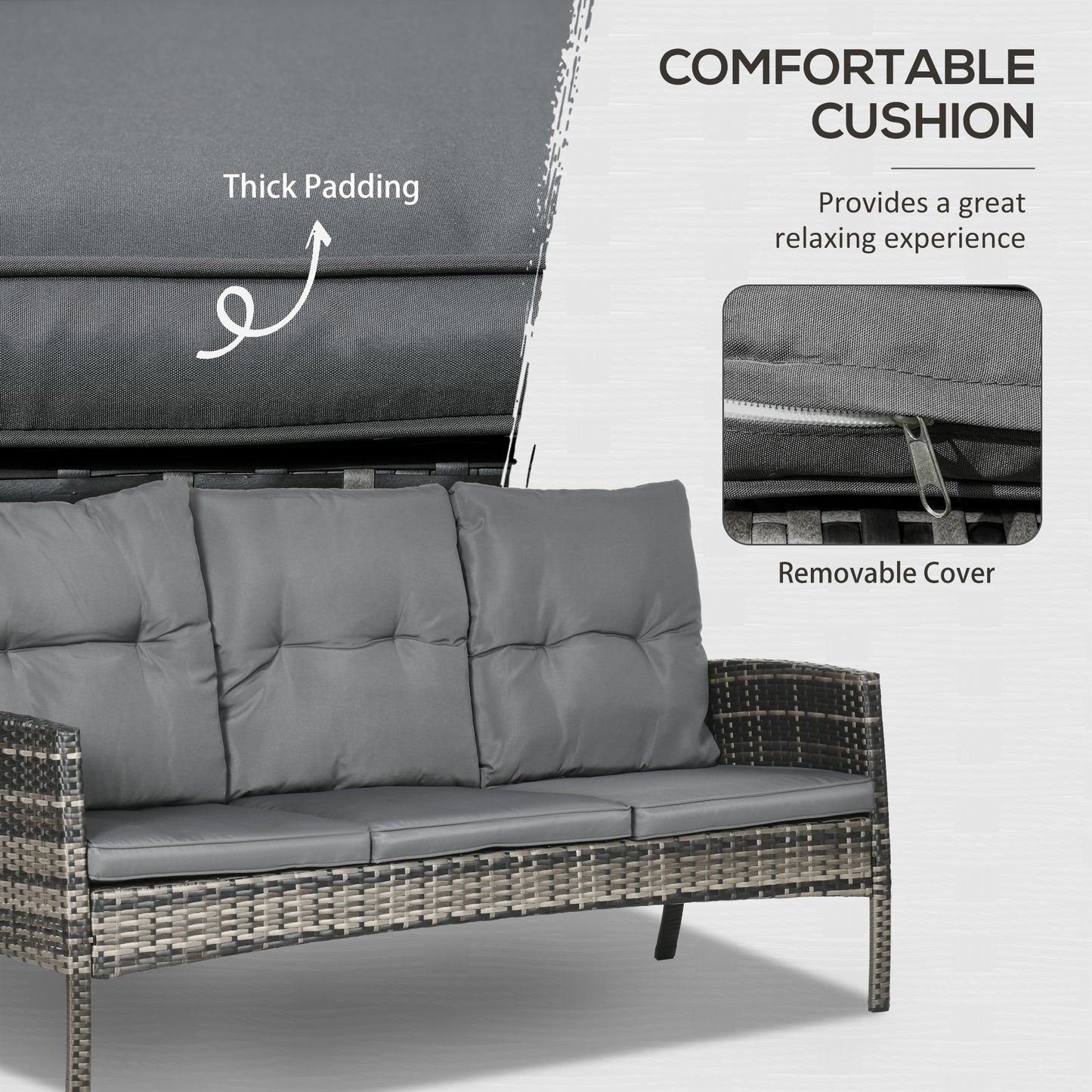 5 Seater Rattan Garden Furniture Set, 2 Armchairs, 3-Seater Wicker Sofa, 2 Footstools and Glass Table