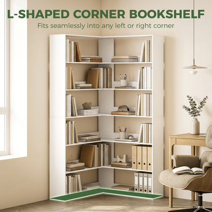 7 Tiers Bookshelf, L-Shaped Corner Bookcase with Anti-Slip Rear Guard, White Wood Effect
