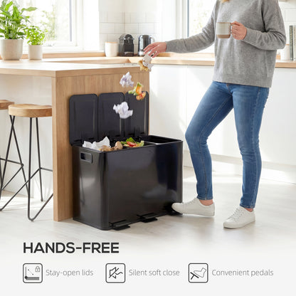 3 x 15L Pedal Bin, Steel Triple Kitchen Bin with Soft Close Lid, Removable Inner Buckets, Fingerprint-Proof, Black