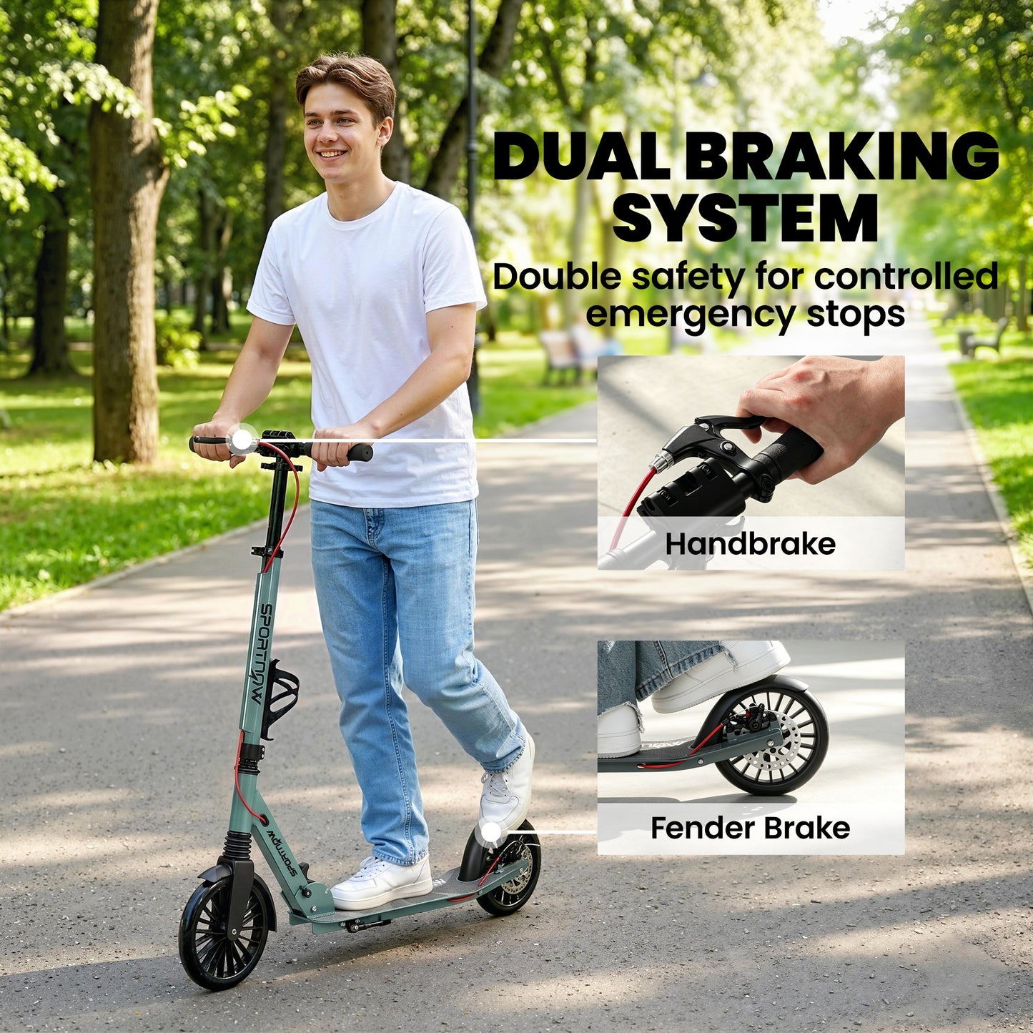 Foldable Kick Scooter with Height Adjustable Handlebar, One-click Folding Adult Scooters with 200 mm Big Wheels, Silver Tone