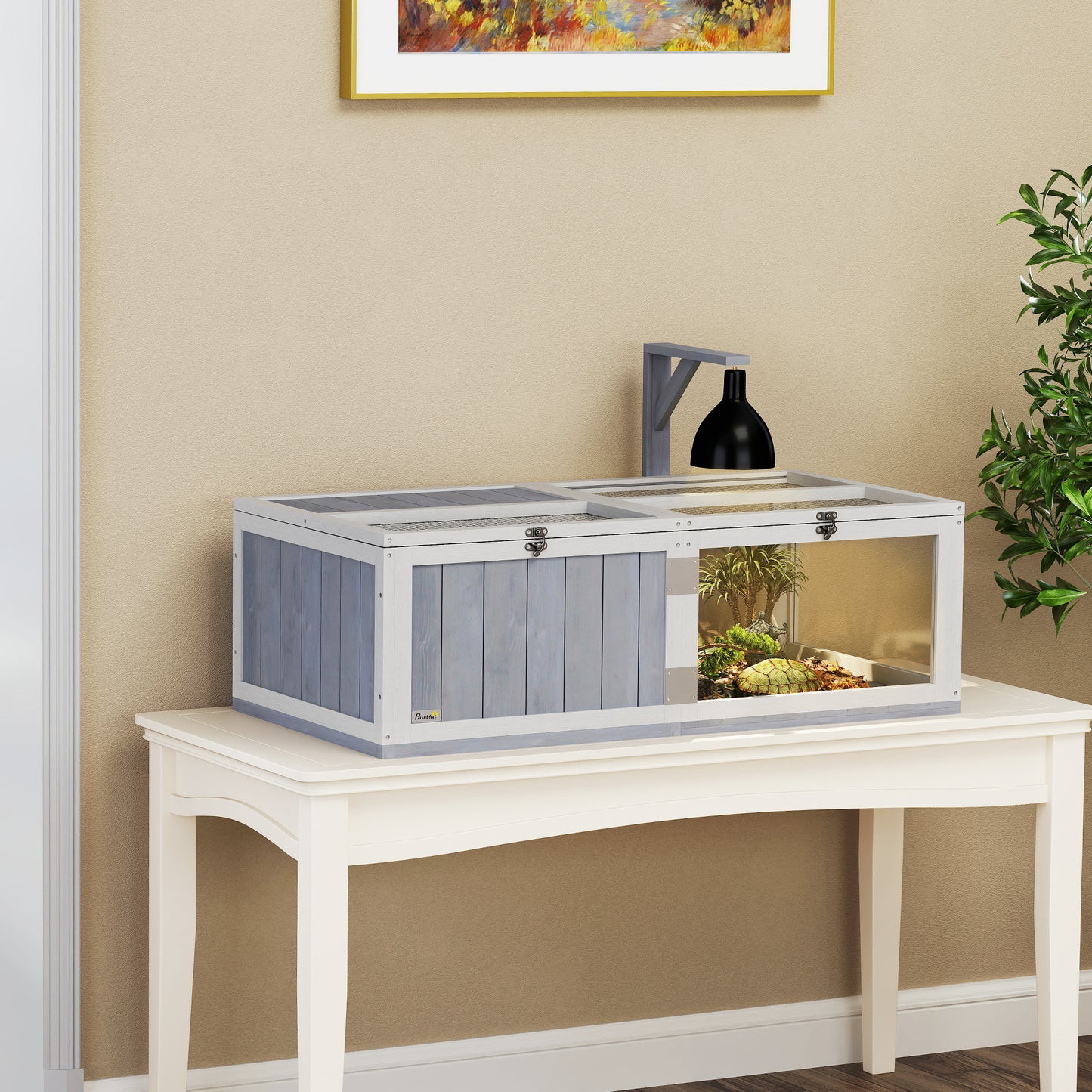 Wooden Tortoise House with Lamp Holder, Clear Windows, Openable Tops, Built-In Tray, Light Grey