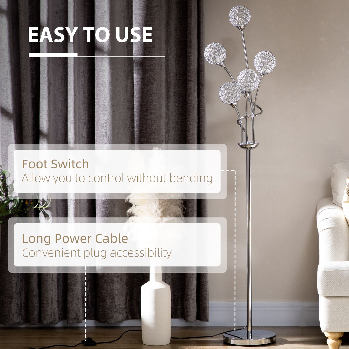 Floor Lamps for Living Room Bedroom with 5 Light, Modern Upright Standing Lamp, 34x25x156cm, Silver