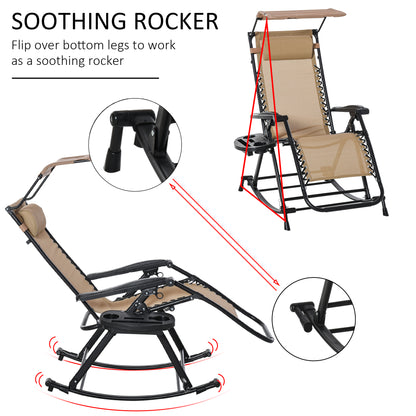 Garden Rocking Chair Folding Recliner Outdoor Adjustable Sun Lounger Rocker Zero-Gravity Seat with Headrest Side Holder Patio