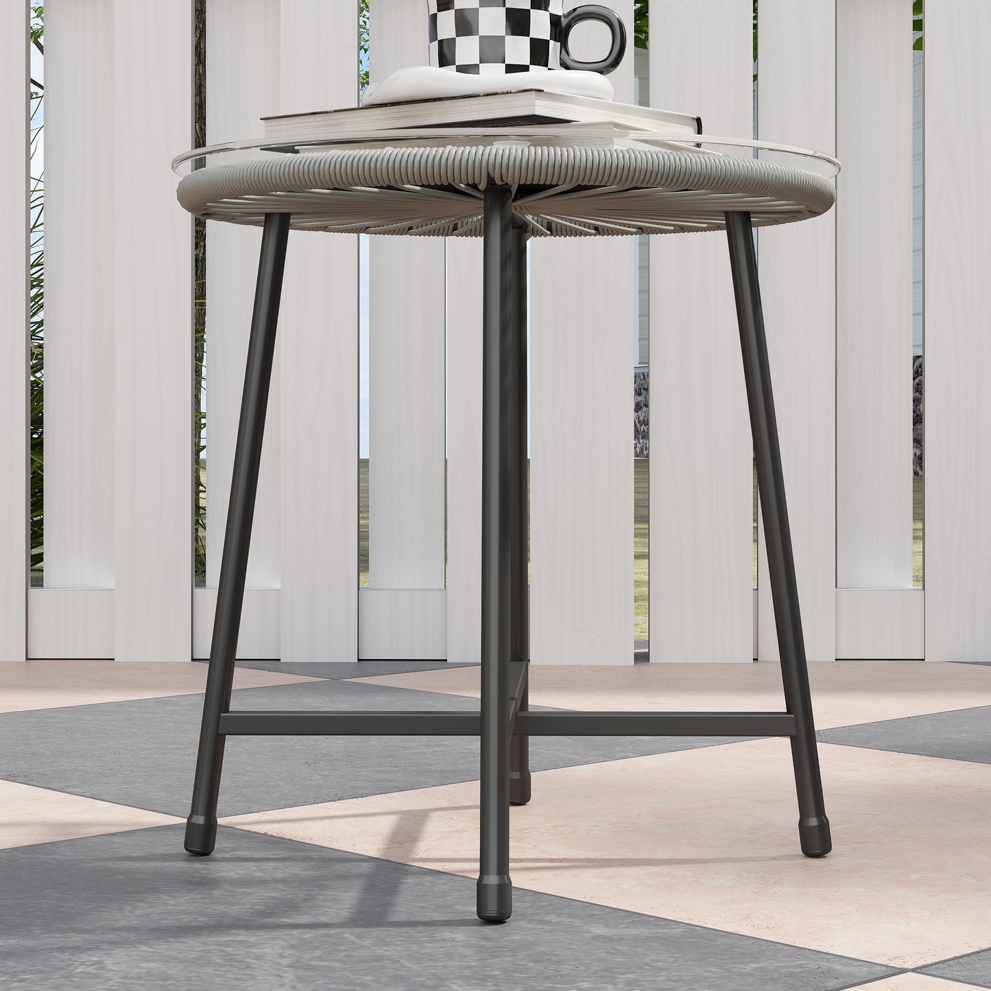3 Pieces Rattan Bistro Set, Wicker Small Garden Table and Chairs Set with Cushions and Glass Top Coffee Table