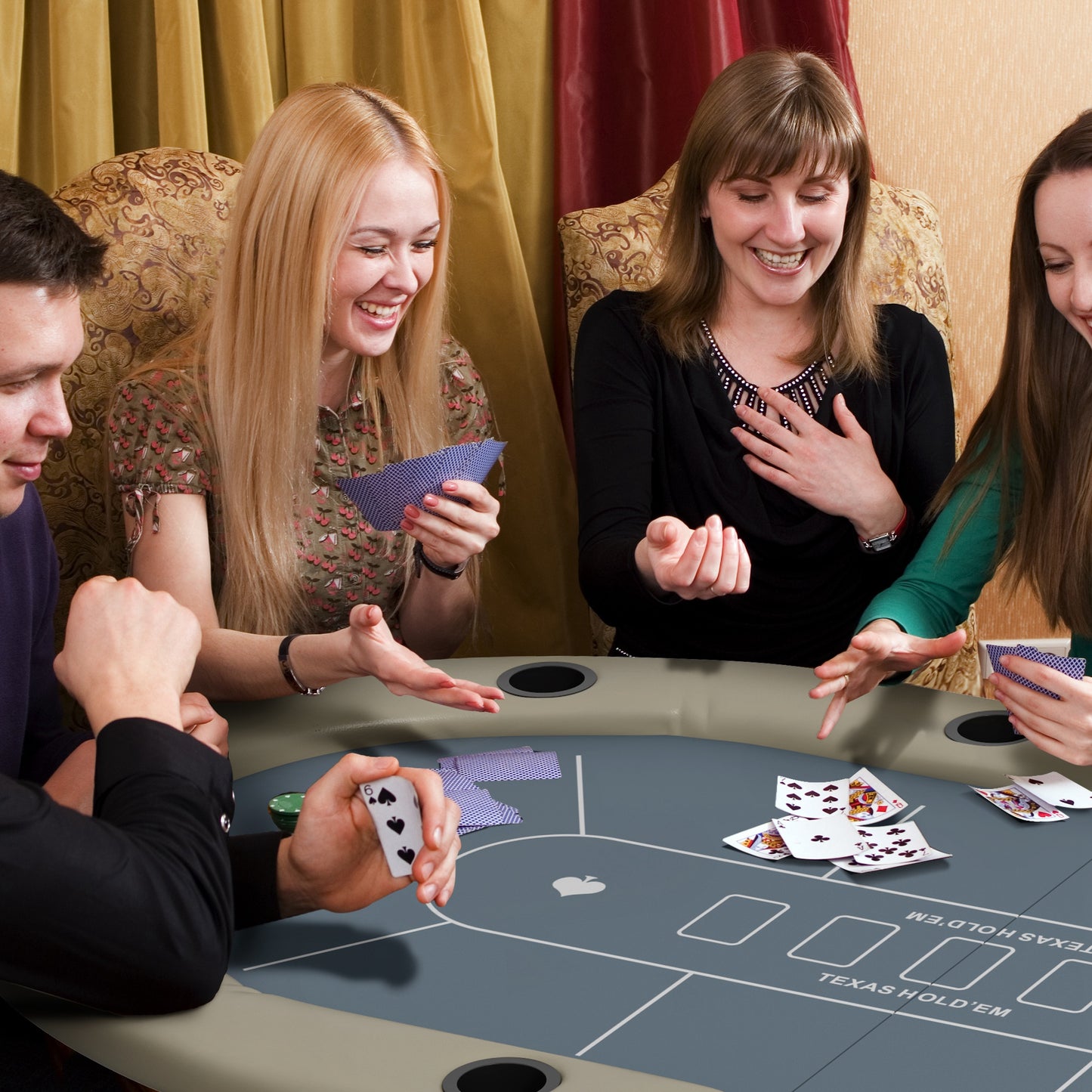 8 Player Folding Poker Table, with Cup Holders, Cushioning Edge, Brown and Blue
