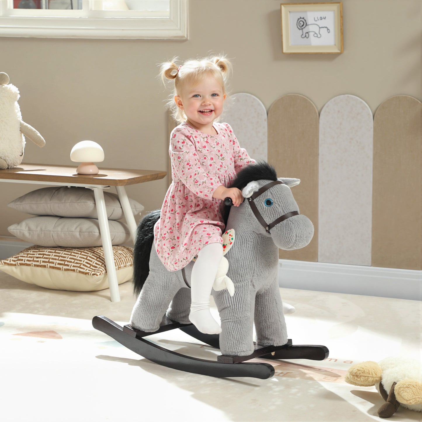 Baby Rocking Horse, Plush Ride on Toy with Handle Grip, Sound and Doll, Toddler Animal Rocker for Kids Aged 2-5, Grey
