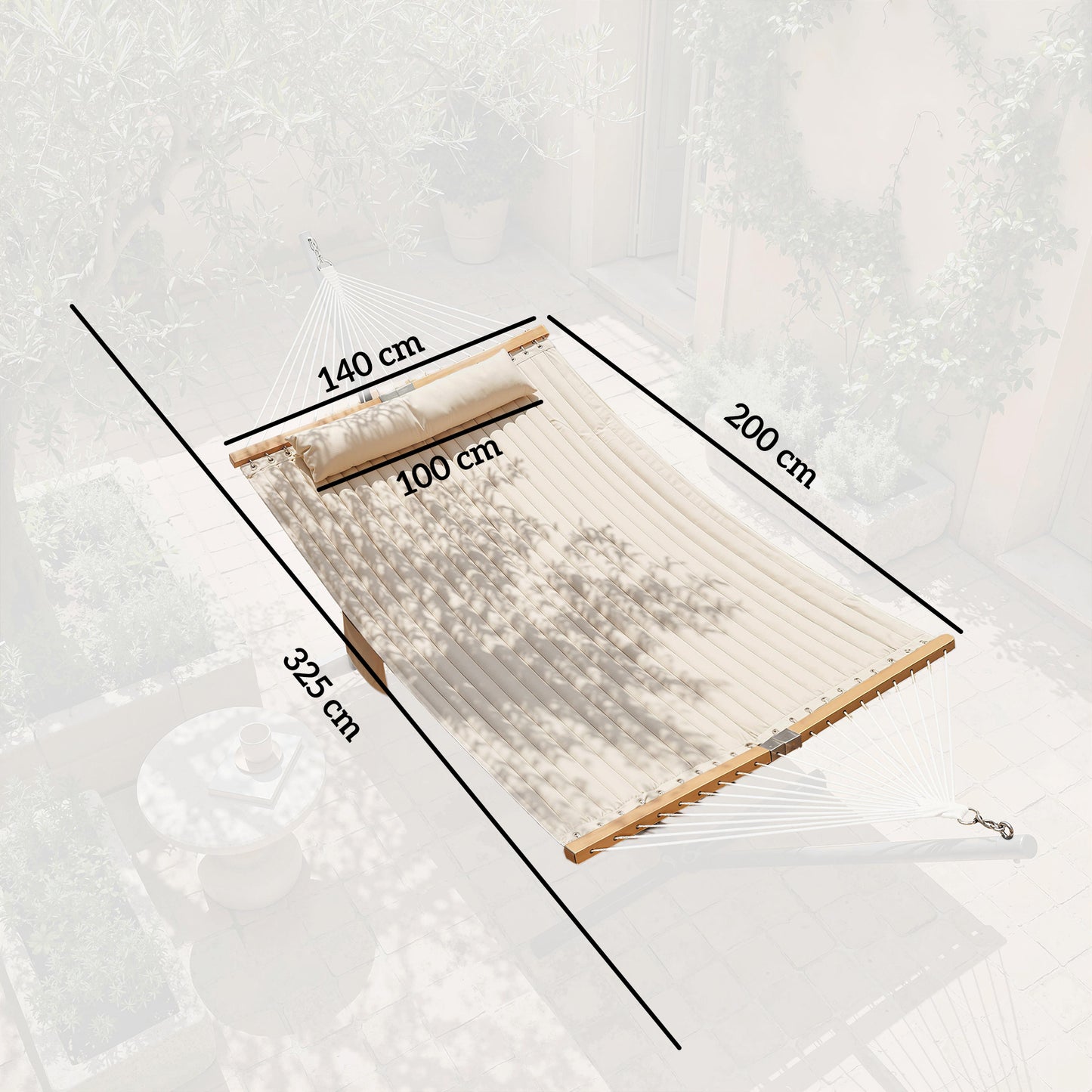 Double Hammock 2 Person Swing Bed with Spreader Bars, Pillows, Pad, 200 x 140cm, Cream White