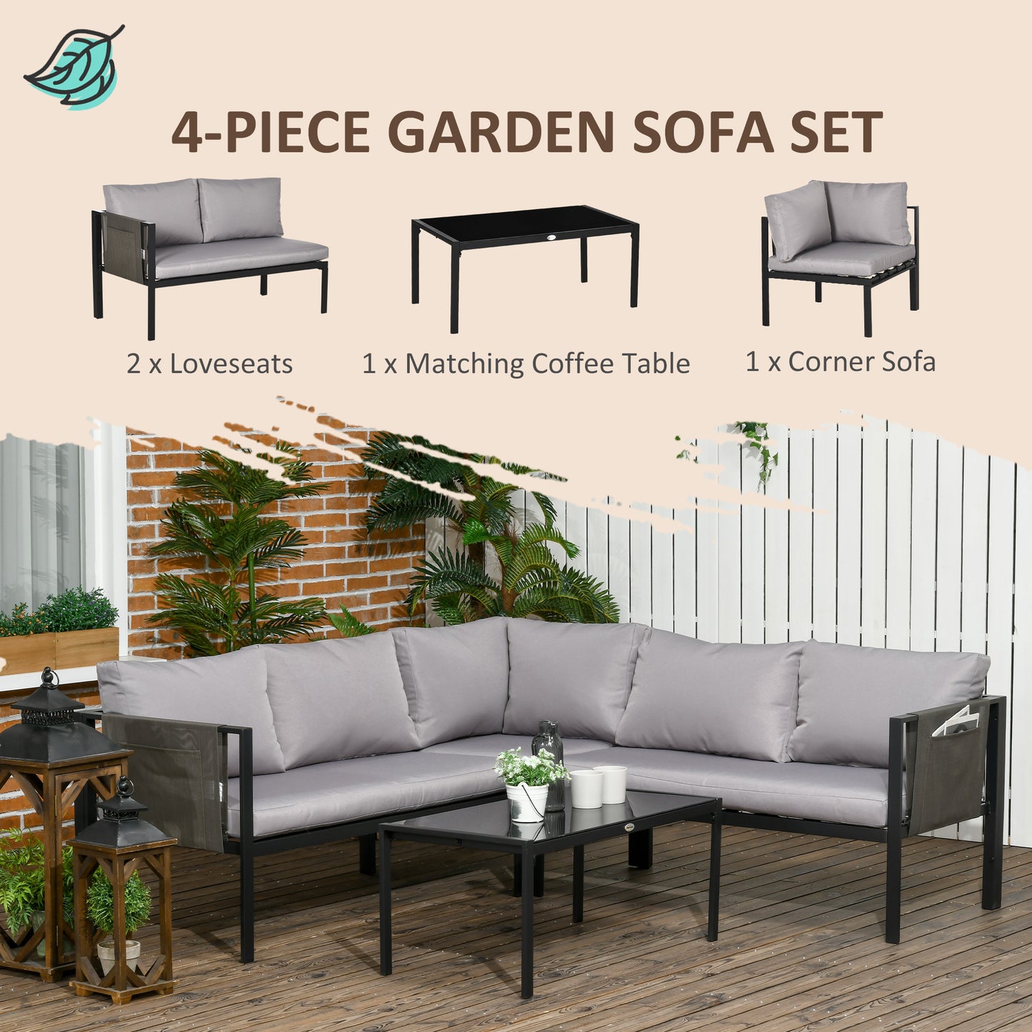 5 Seater Garden Corner Sofa Set, 4 Pieces Metal Garden Furniture Set with Loveseats, Glass Top Coffee Table