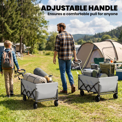 60L Foldable Festival Trolley on Wheels, Collapsible Wagon Cart with Drop-Down Tailgate, Adjustable Handle, Grey