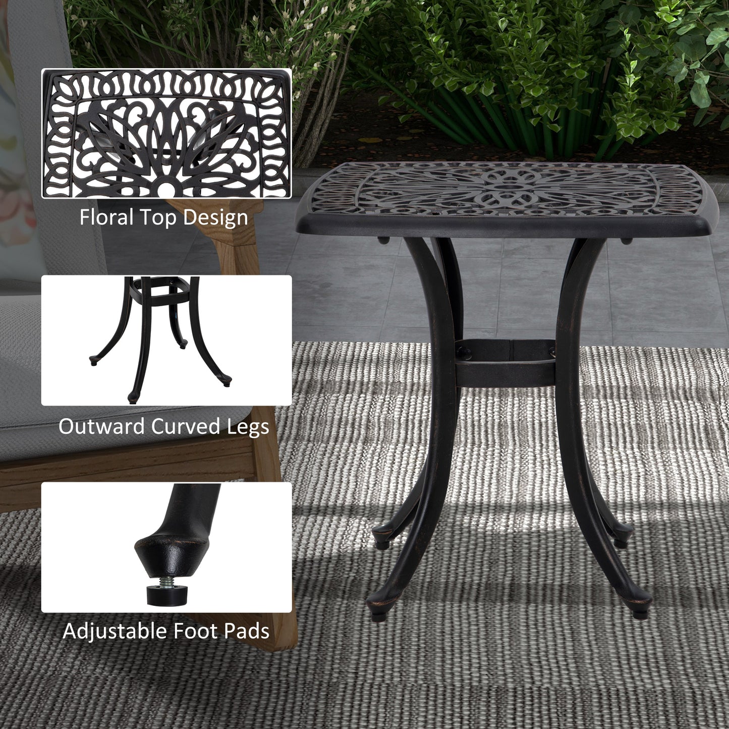 Cast Aluminium Bistro Table, Outdoor Square Side Table with Umbrella Hole, Garden Table for Balcony, Bronze Tone
