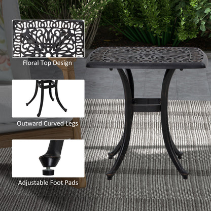 Cast Aluminium Bistro Table, Outdoor Square Side Table with Umbrella Hole, Garden Table for Balcony, Bronze Tone