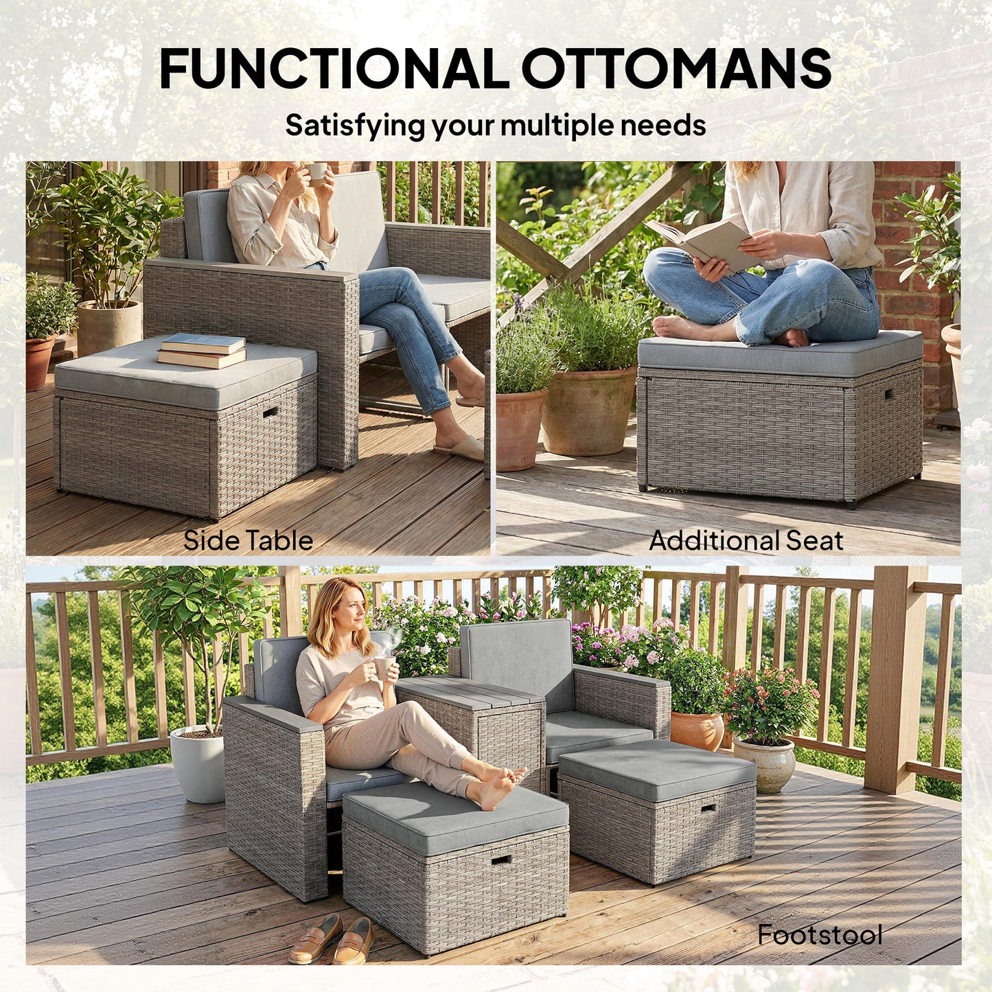 5 Piece Rattan Garden Furniture Set with Storage Table, Footstools, Cushions, Dark Grey