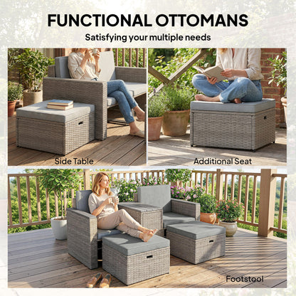 5 Piece Rattan Garden Furniture Set with Storage Table, Footstools, Cushions, Dark Grey