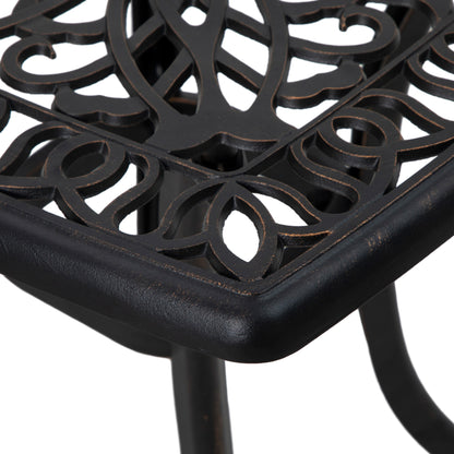 Cast Aluminium Bistro Table, Outdoor Square Side Table with Umbrella Hole, Garden Table for Balcony, Bronze Tone