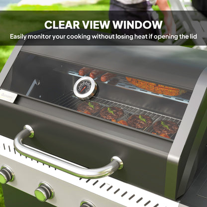 4+1 Burner Gas BBQ Grill with Clear View Lid, Portable Gas Barbecue Grill with Built-in Thermometer, Side Table, Cabinet