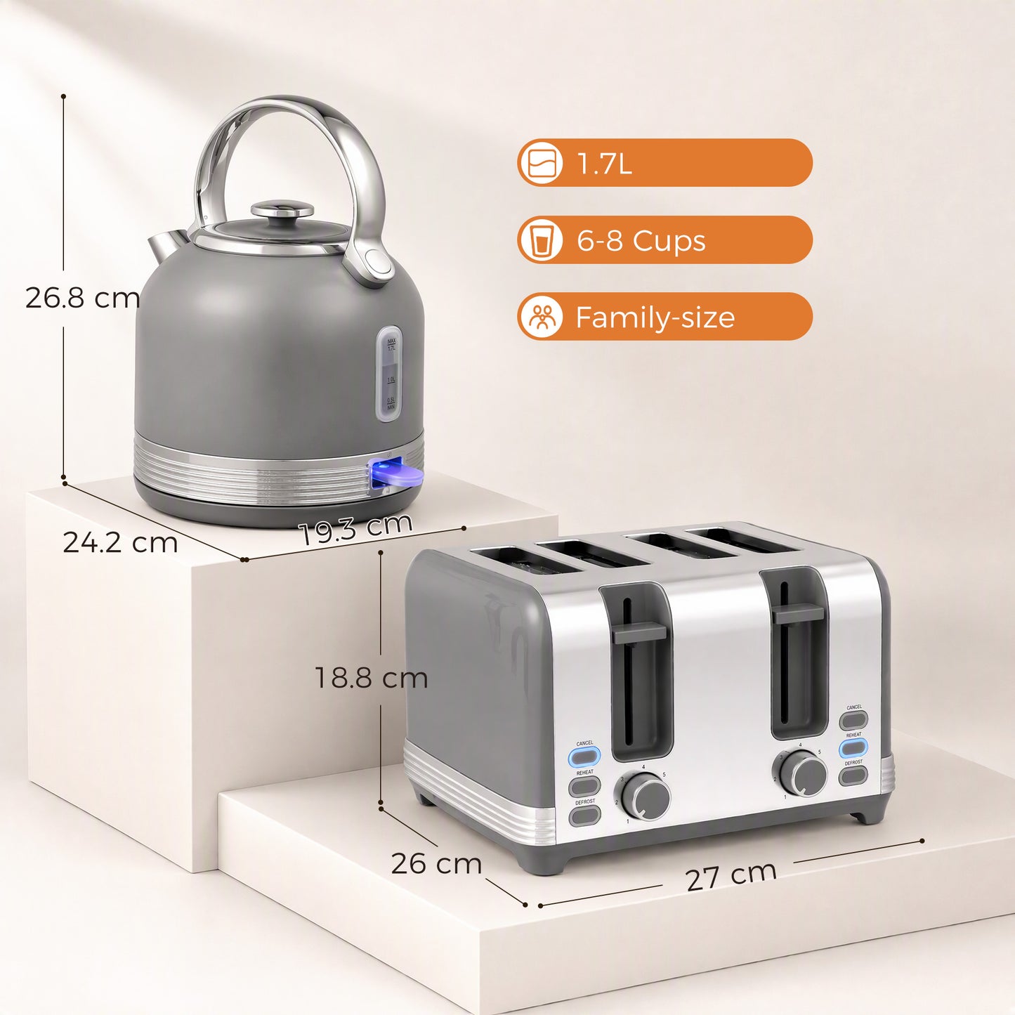 Stainless Steel Kettle and Toaster Set, 1.7L 3000W Cordless Fast Boil Kettle, 4 Slice Toaster Kitchen Set, Grey