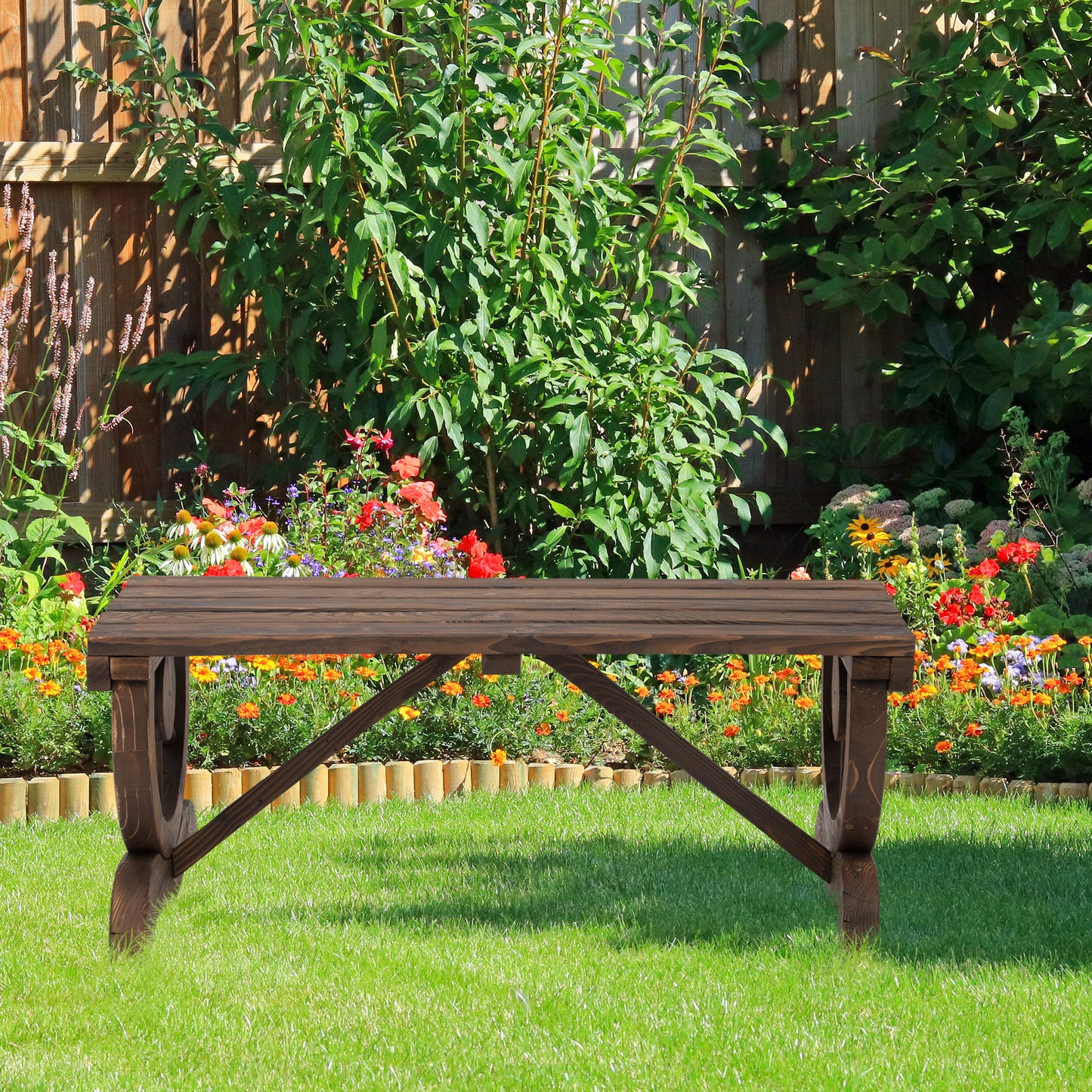 Garden Rustic Wooden Bench Wheel-Shaped Legs Slatted Seat Stable Reinforced Structure Outdoor Patio Garden 2-Person Bench Sea