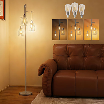 170.5cm Industrial Dimmable Standing Lamp, 3-Light Floor Lamp with Steel Wire Cage Lampshades, Silver Tone