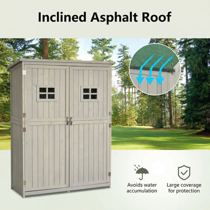 Wooden Garden Shed with Two Windows, Tool Storage Cabinet, Outdoor Double Door Organizer 127.5L x 50W x 164H cm, Grey