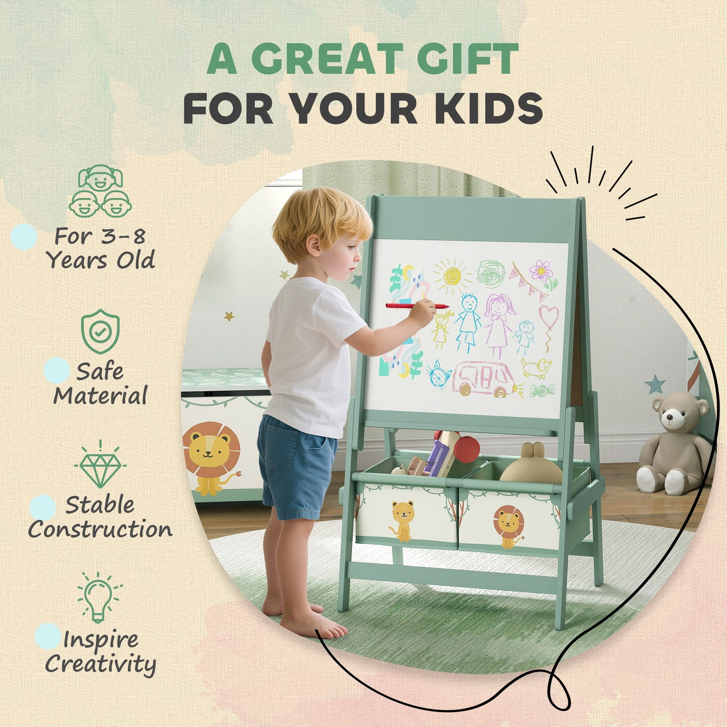 Art Easel for Kids, Double-Sided Whiteboard/Blackboard with Paper Roll, Two Storage Boxes, for Ages 3-8 Years, Green