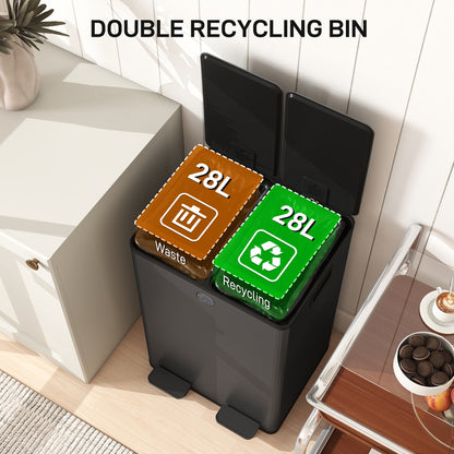 56L Dual Compartment Stainless Steel Bin, with Deodoriser Holders - Black