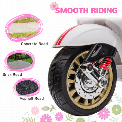 12V Vespa Licensed Kids Electric Motorbike w/ Music, Lights, FM Radio, for 3-6 Years - White