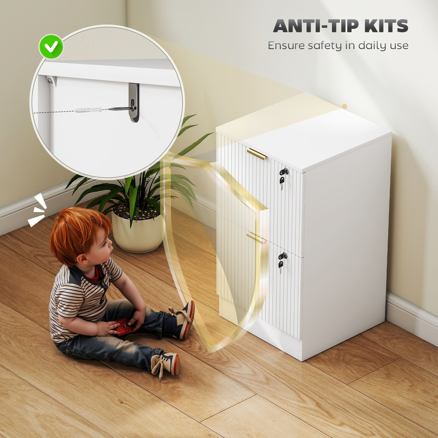 Filing Cabinet, Fluted Vertical File Cabinet with 2 Lockable Drawers and Hanging Rails, White