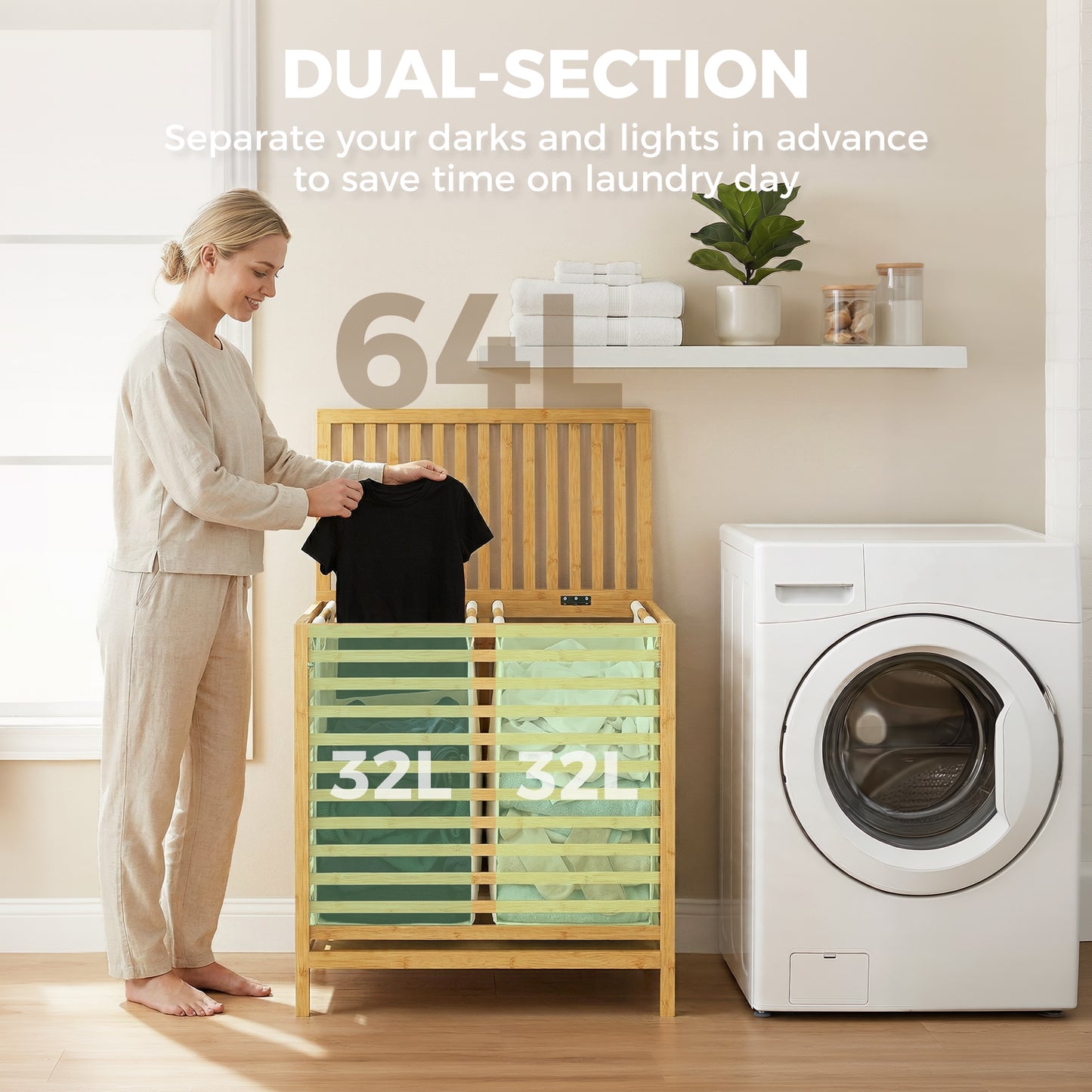 Bamboo Laundry Basket with Lid, 2 Baskets, Foldable, 64L, Natural and Cream White