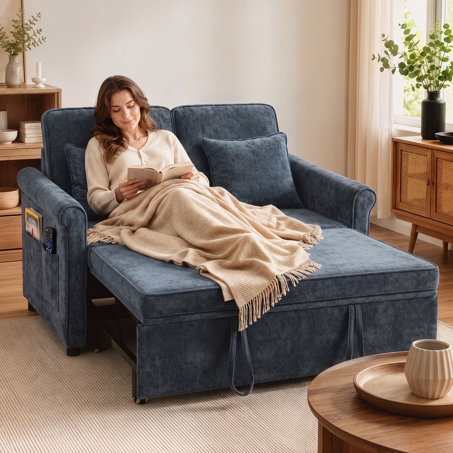 2 Seater Sofa Bed 3-in-1 Convertible Chenille Pull Out Sleeper Sofa with 5-Position Adjustable Backrest, Dark Blue