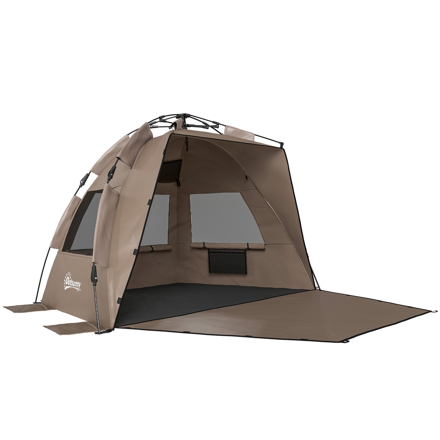 2-3 Person Pop Up Beach Tent, UPF15+ Sun Shelter with Extended Floor, Sandbags, Mesh Windows and Carry Bag, Brown