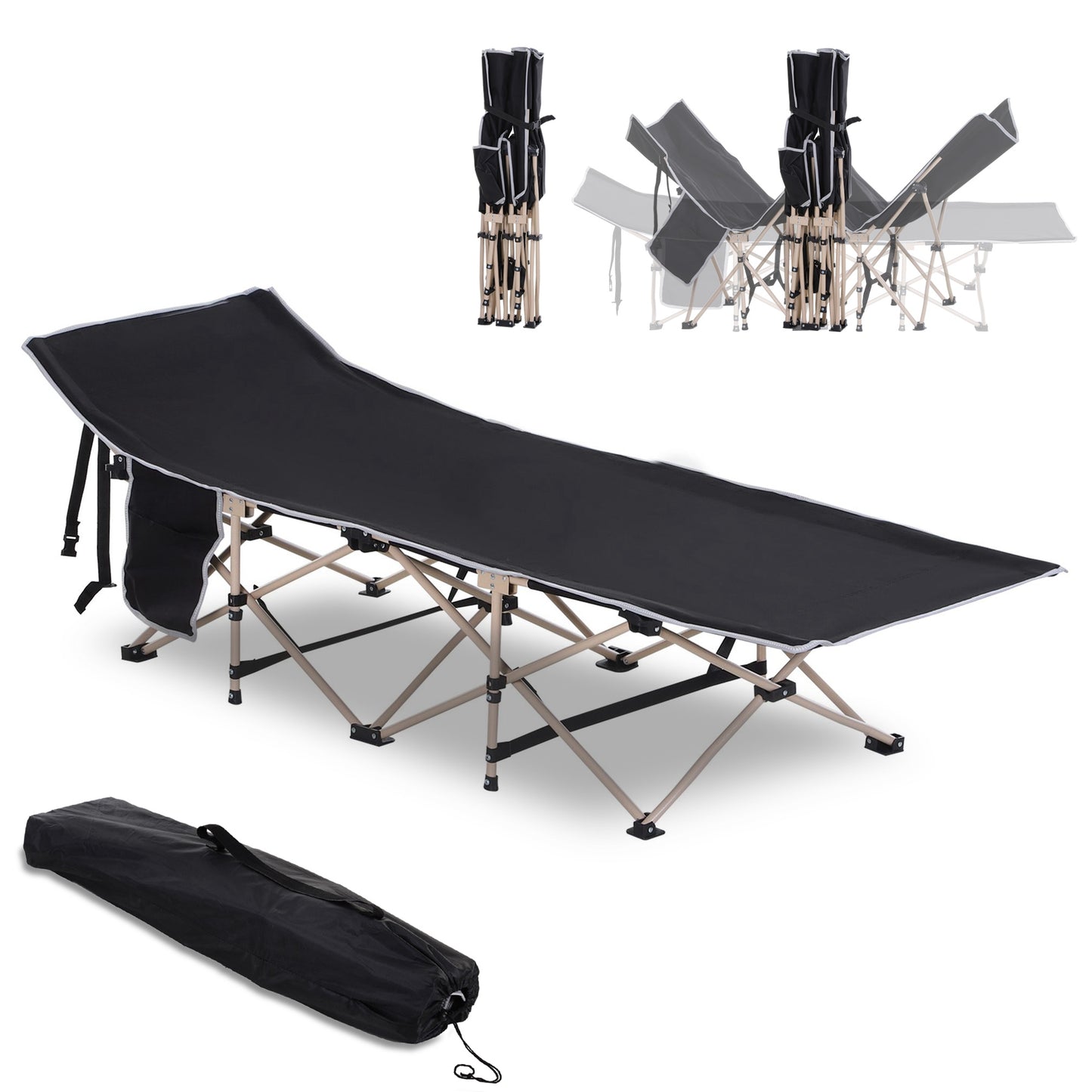 Single Person Camping Bed Folding Cot Outdoor Patio Portable Military Sleeping Bed Travel Guest Leisure Fishing with Side Poc