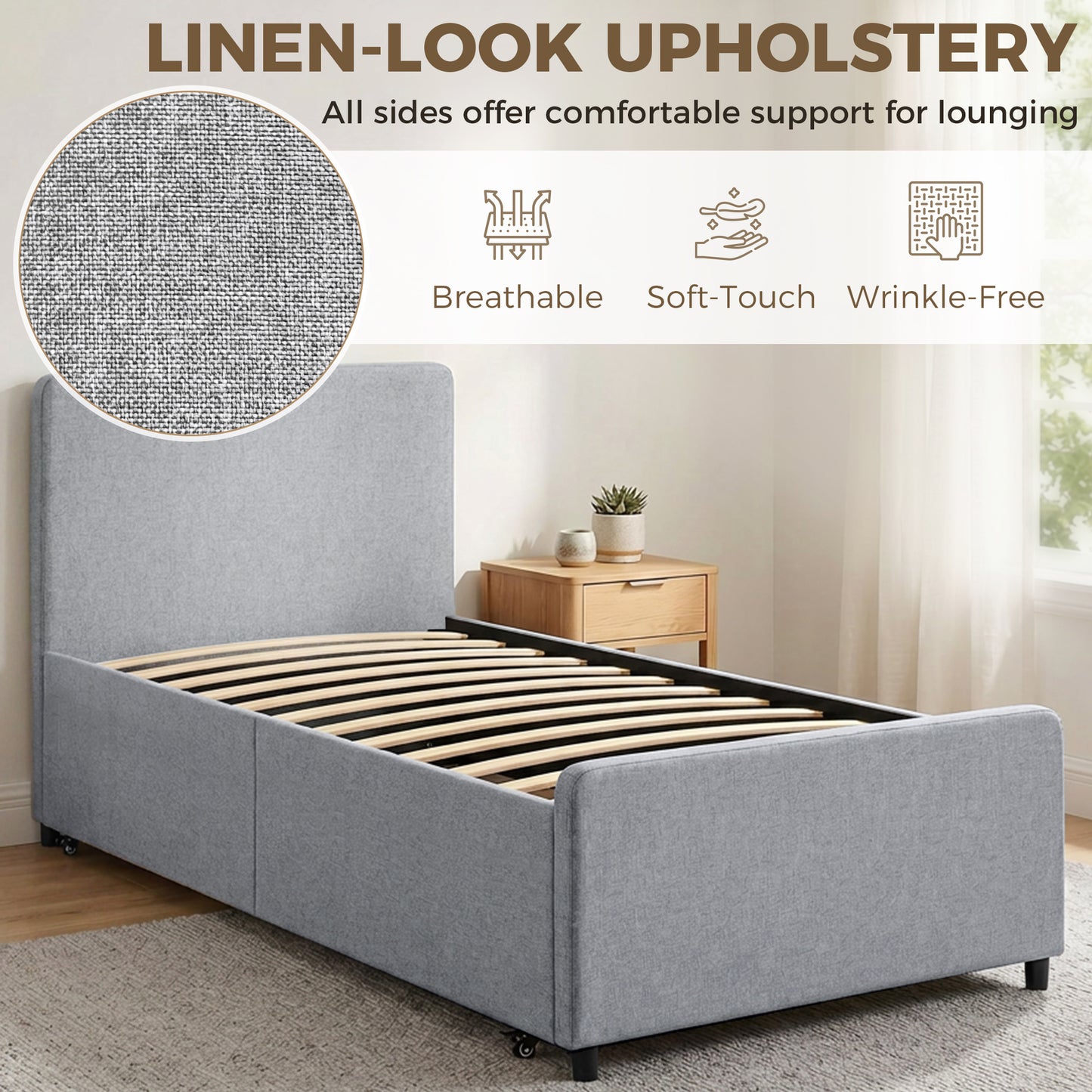 3ft Single Bed Frame with Trundle, Upholstered Pull Out Trundle Bed with Headboard and Footboard, Light Grey