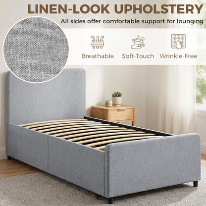 3ft Single Bed Frame with Trundle, Upholstered Pull Out Trundle Bed with Headboard and Footboard, Light Grey