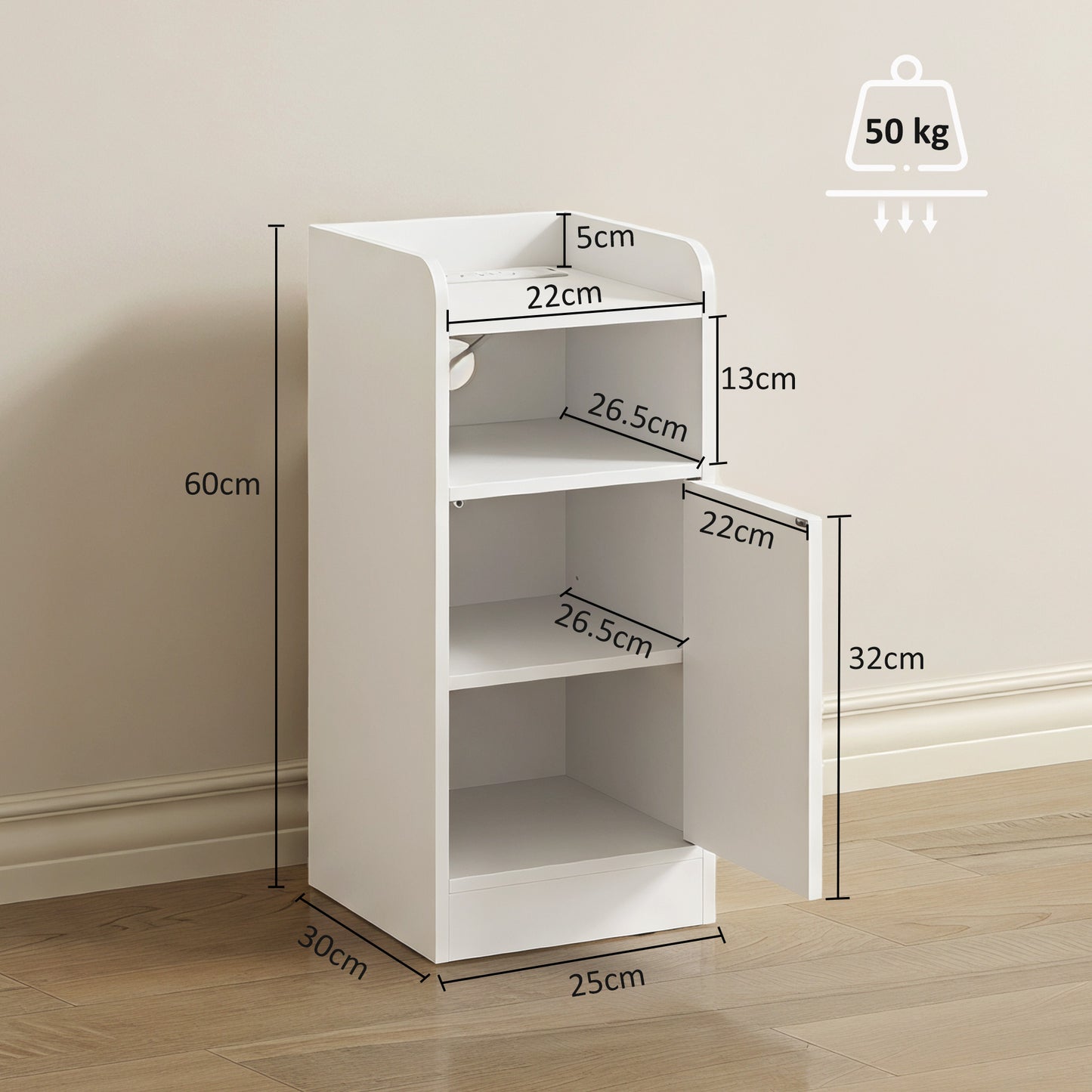 Slim Bedside Table Set of 2 with Charging Station, Narrow Bedside Cabinet with Adjustable Shelf, White