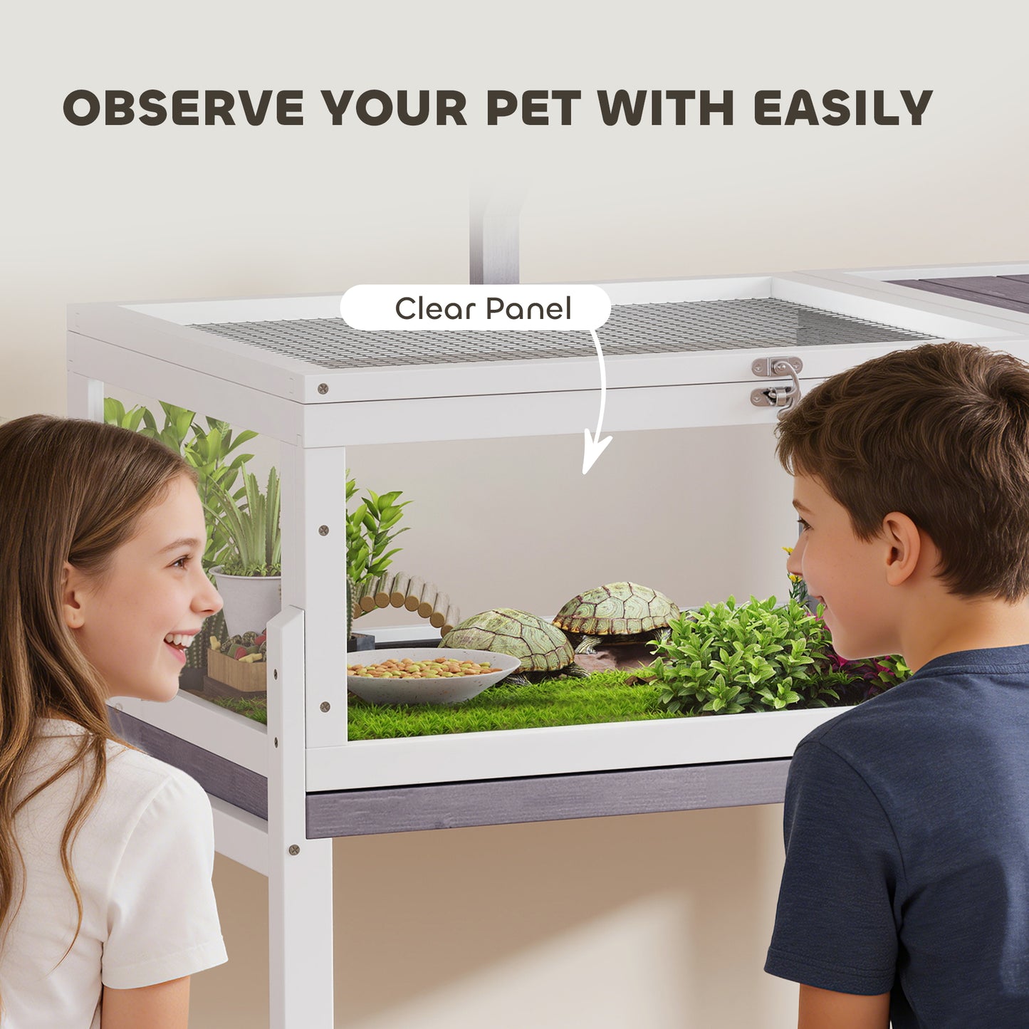 Wooden Tortoise House with Dual-Zone Habitat, Clear Panels, Openable Top, Metal Mesh, for Tortoises and Small Pets, Grey