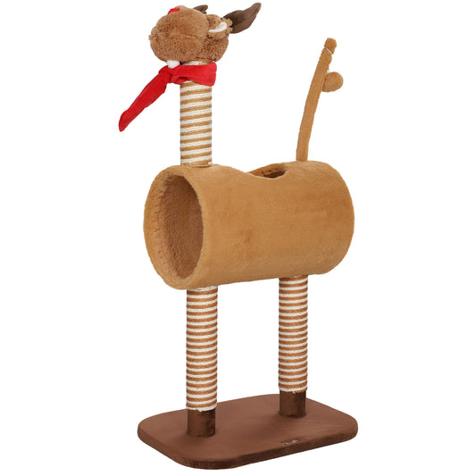 98cm Deer-Designed Cat Tree with Scratching Posts, Toy Ball, Tunnel, Brown