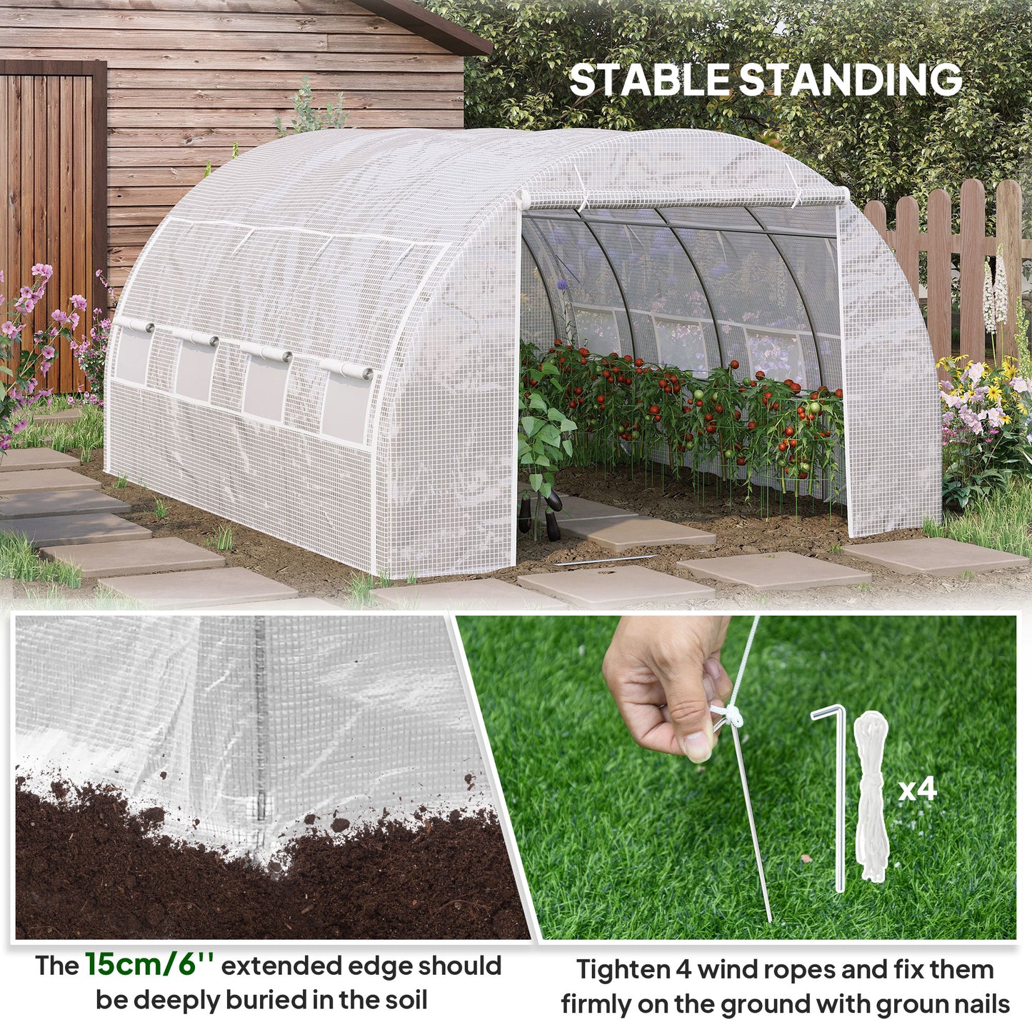 4 x 3 x 2 m Polytunnel Greenhouse with Roll-up Side Walls, Walk-in Grow House Tent with Steel Frame, Reinforced Cover